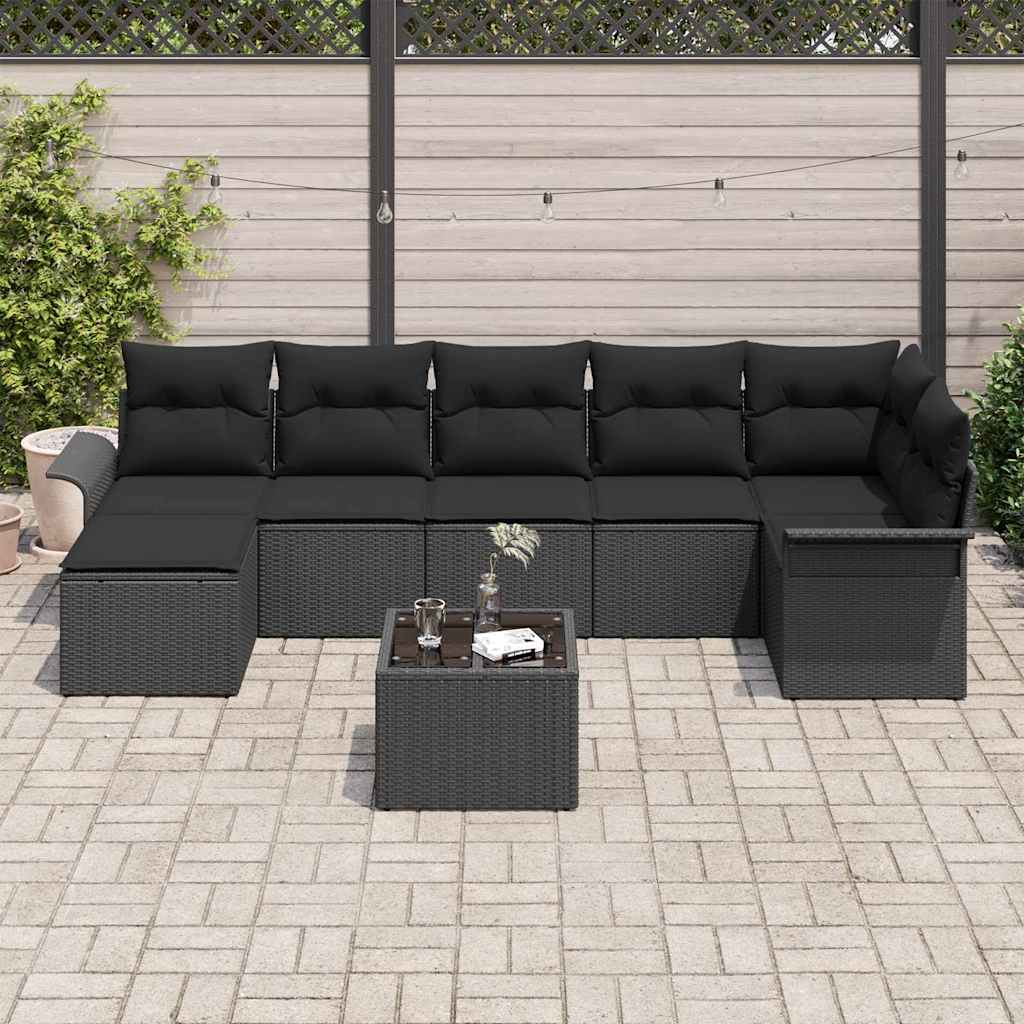 Havesofa Sæt med pude 8 pcs Sort polyrattan