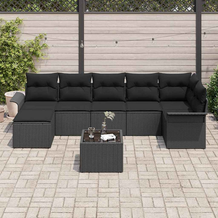 Havesofa Sæt med pude 8 pcs Sort polyrattan