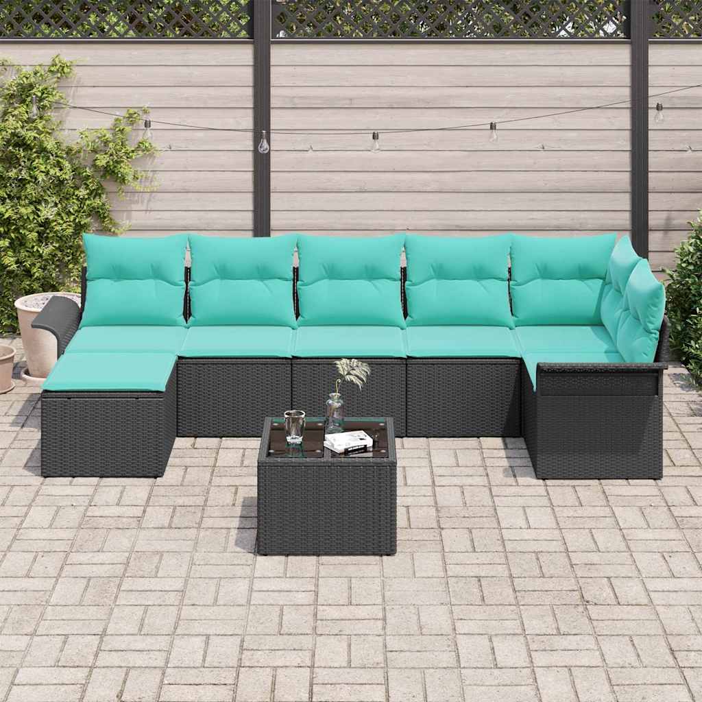 Havesofa Sæt med pude 8 pcs Sort Poly rattan