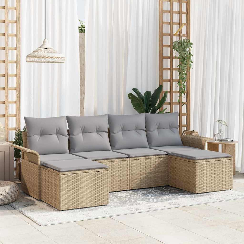 Havesofa Sæt med pude 6 pcs Beige polyrattan