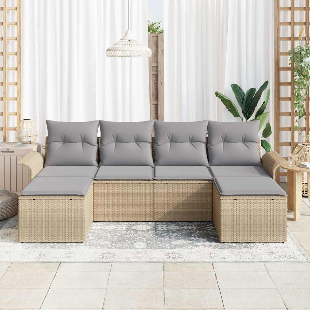 Havesofa Sæt med pude 6 pcs Beige polyrattan