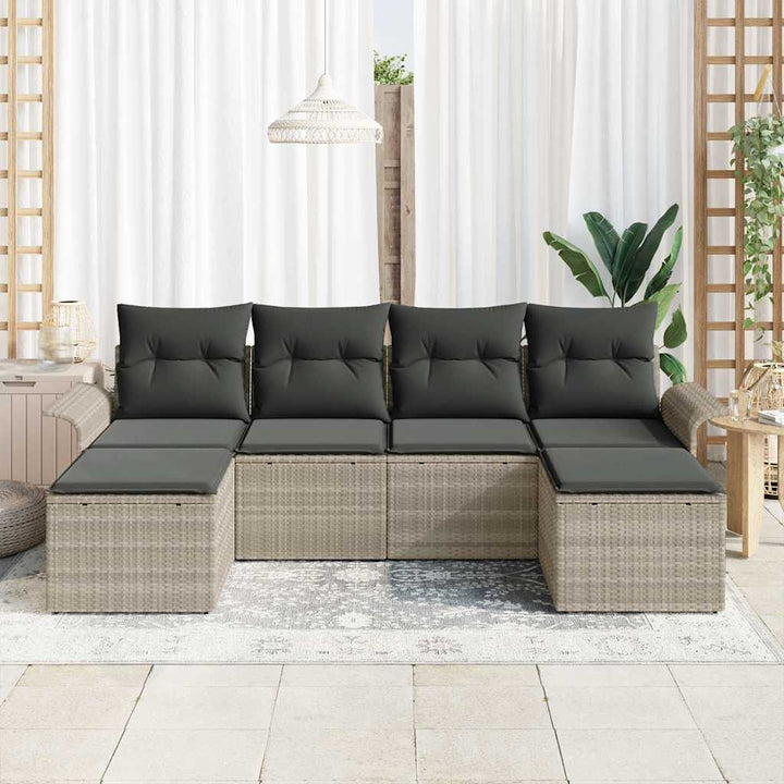 Havesofa Sæt med pude 6 pcs Lysegrå Poly rattan