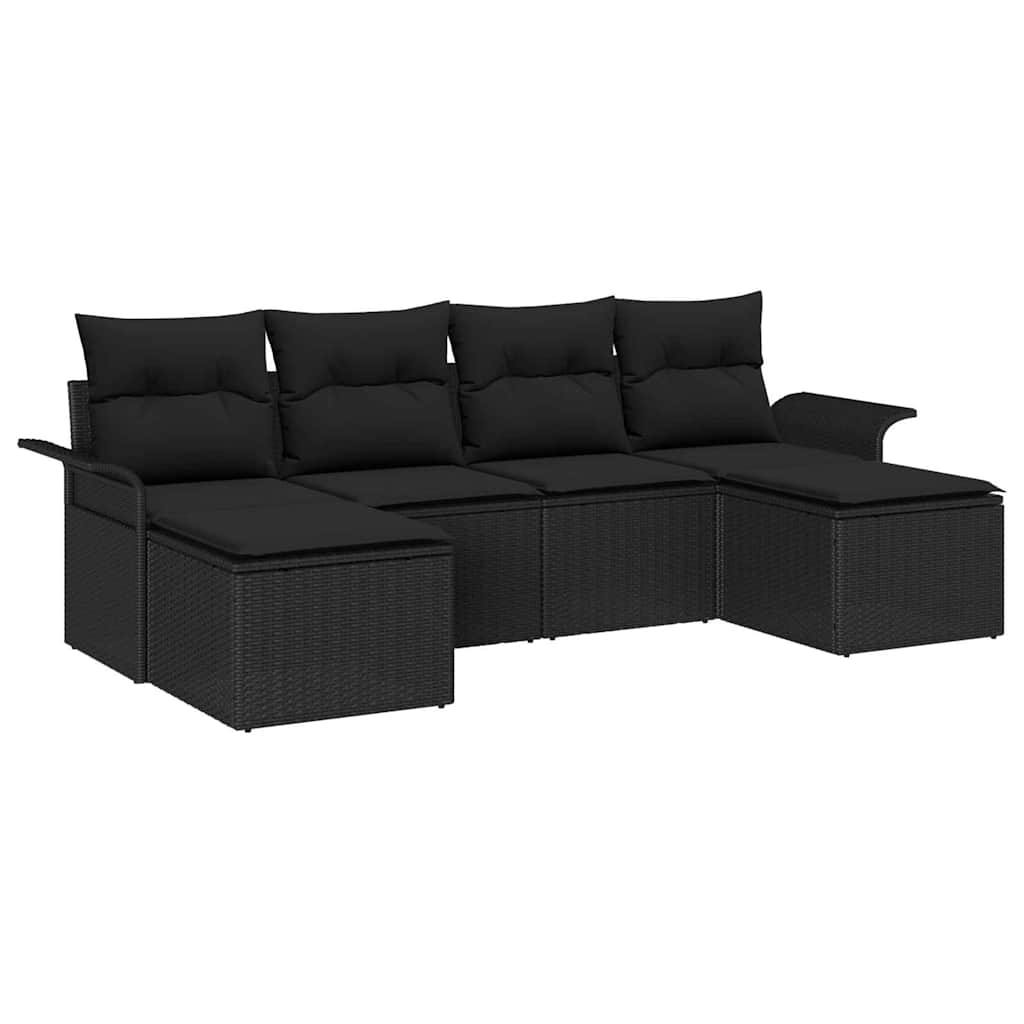 Havesofa Sæt med pude 6 pcs Sort polyrattan
