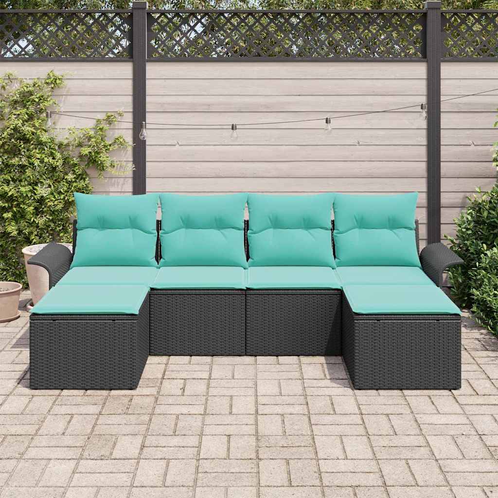 Havesofa Sæt med pude 6 pcs Sort polyrattan