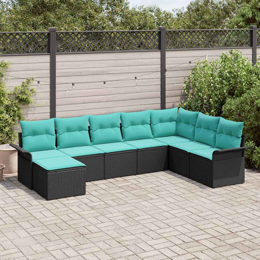 Havesofa Sæt med pude 8 pcs Sort polyrattan