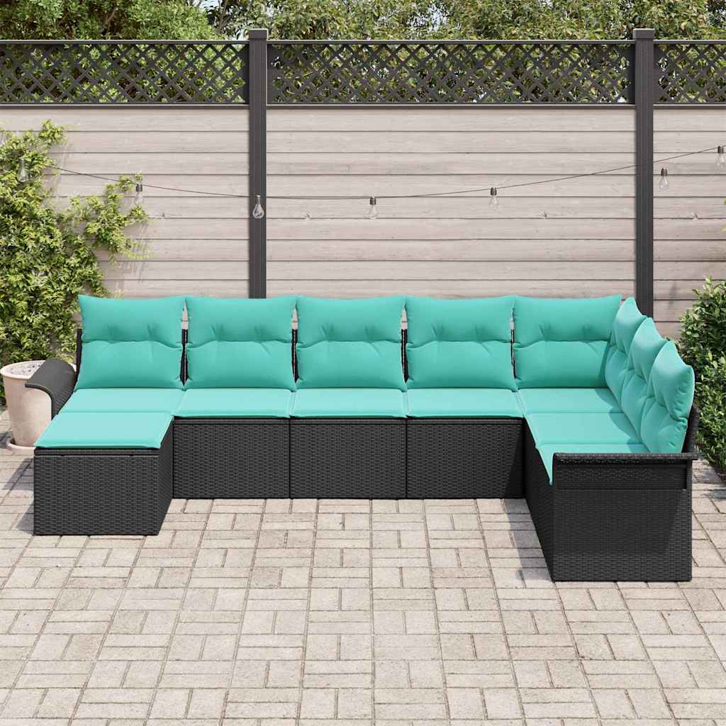 Havesofa Sæt med pude 8 pcs Sort polyrattan