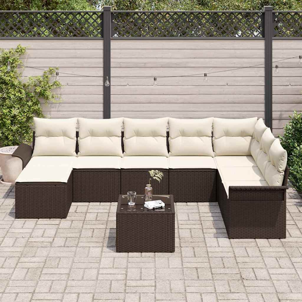 Havesofa Sæt med pude 9 pcs Brun Poly rattan