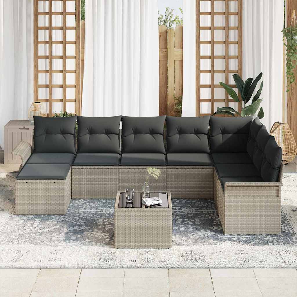 Havesofa Sæt med pude 9 pcs Lysegrå Poly rattan