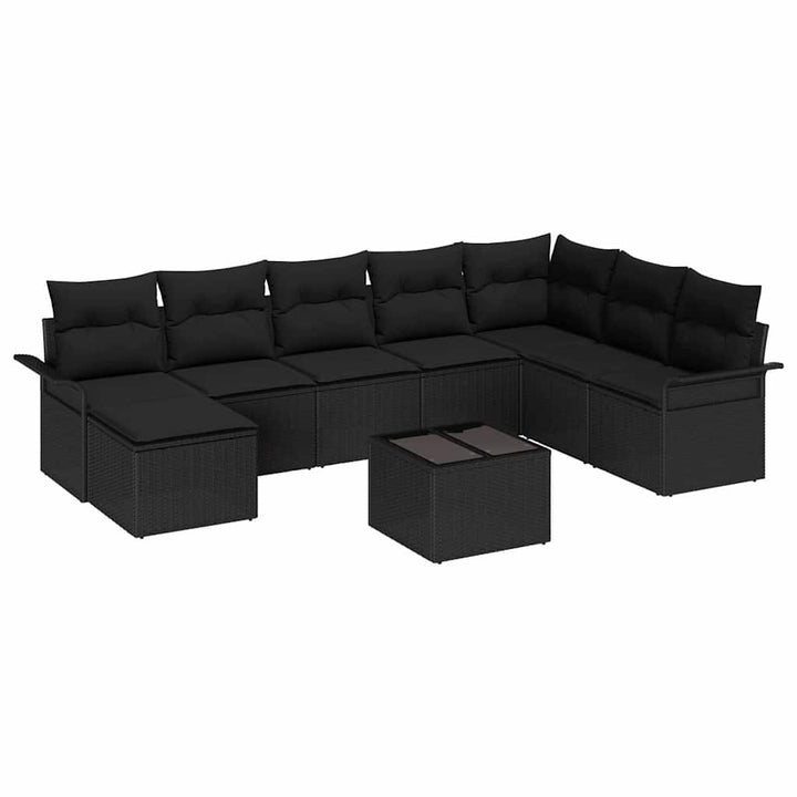 Havesofa Sæt med pude 9 pcs Sort polyrattan
