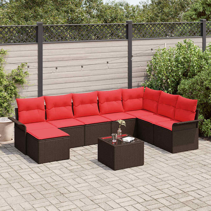 Havesofa Sæt med pude 9 pcs Brun polyrattan