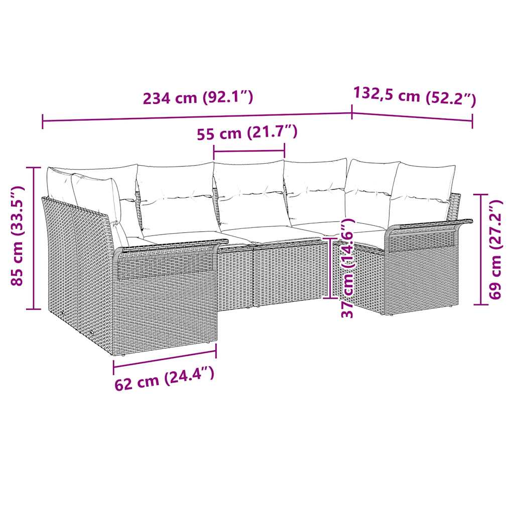 Havesofa Sæt med pude 6 pcs Brun polyrattan