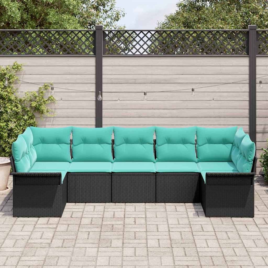 Havesofa Sæt med pude 7 pcs Sort Poly rattan
