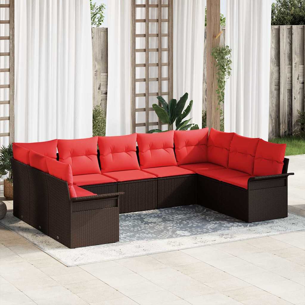 Havesofa Sæt med pude 9 pcs Brun polyrattan