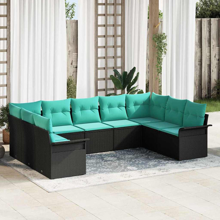 Havesofa Sæt med pude 9 pcs Sort polyrattan