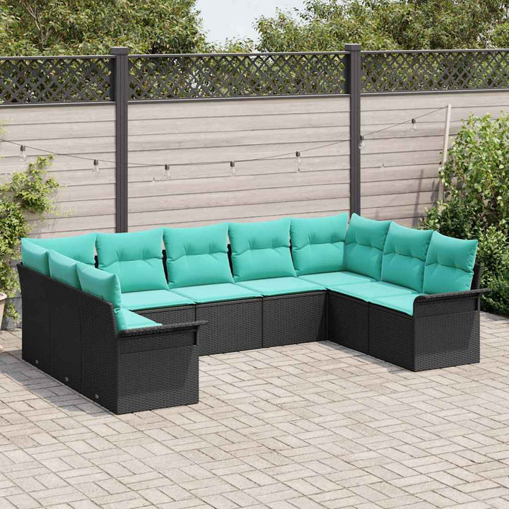 Havesofa Sæt med pude 9 pcs Sort polyrattan