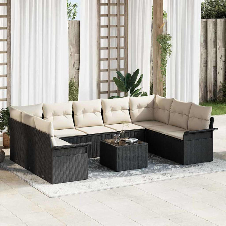 Havesofa Sæt med pude 10 pcs Sort polyrattan