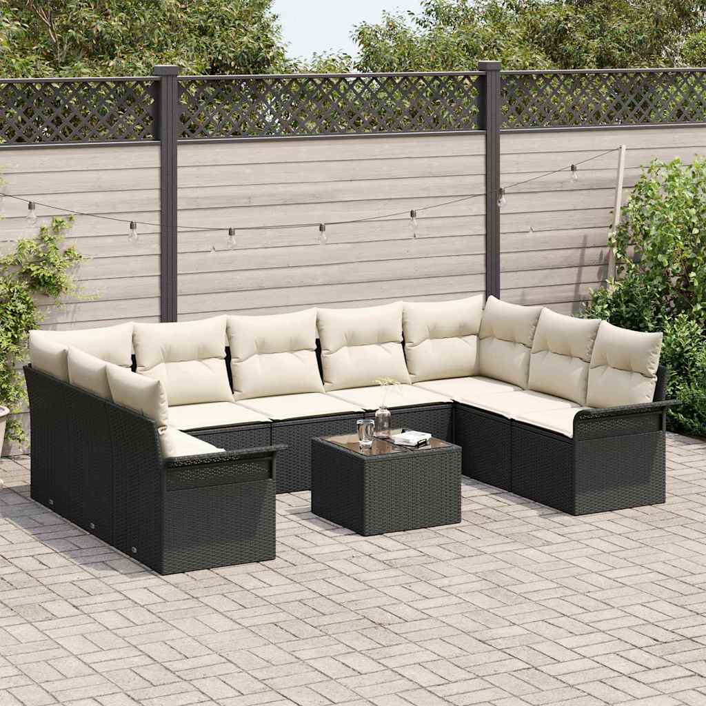 Havesofa Sæt med pude 10 pcs Sort polyrattan