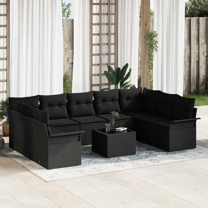 Havesofa Sæt med pude 10 pcs Sort polyrattan