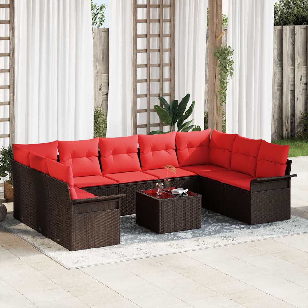 Havesofa Sæt med pude 10 pcs Brun polyrattan