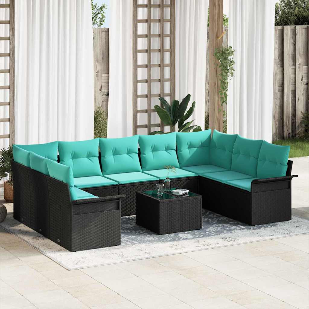 Havesofa Sæt med pude 10 pcs Sort polyrattan