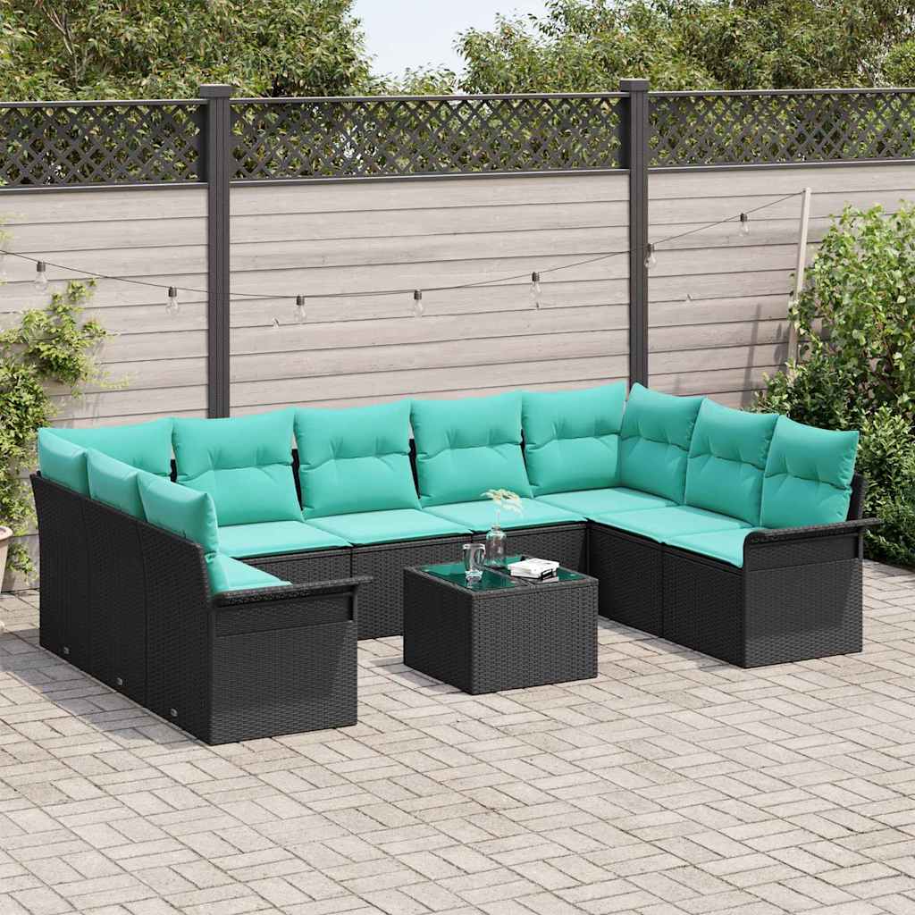 Havesofa Sæt med pude 10 pcs Sort polyrattan