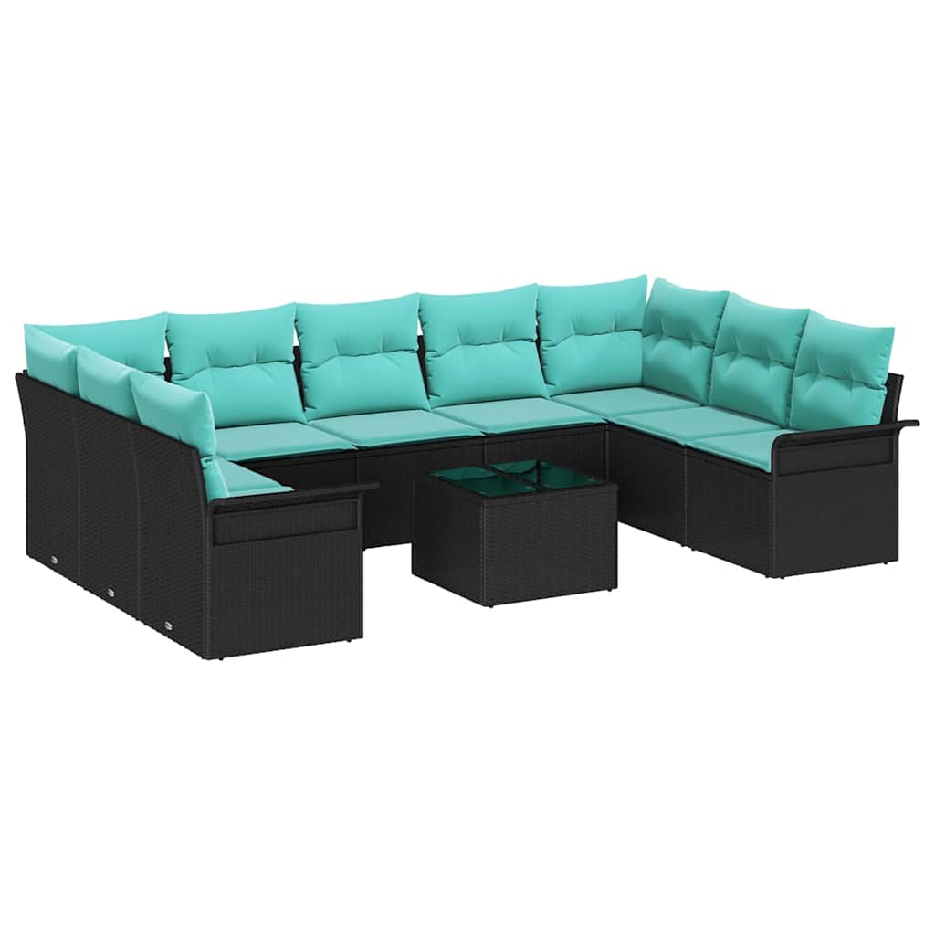 Havesofa Sæt med pude 10 pcs Sort polyrattan