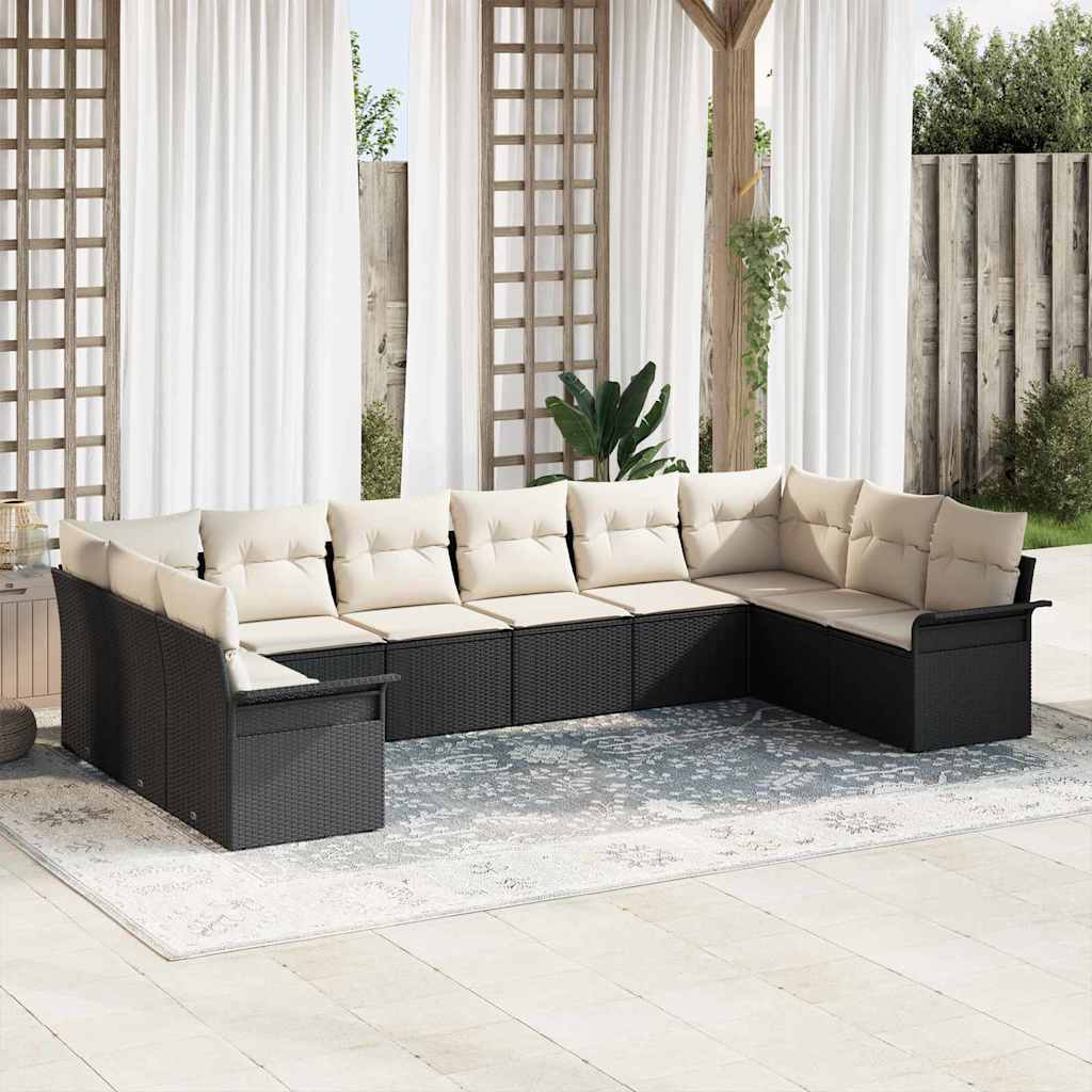 Havesofa Sæt med pude 10 pcs Sort polyrattan