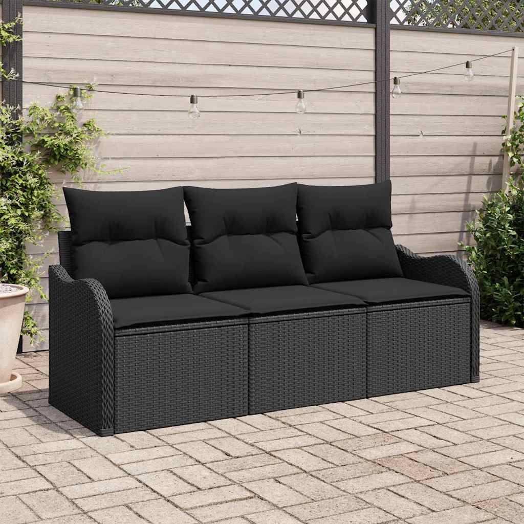 Havesofa Sæt med pude 3 pcs Sort polyrattan