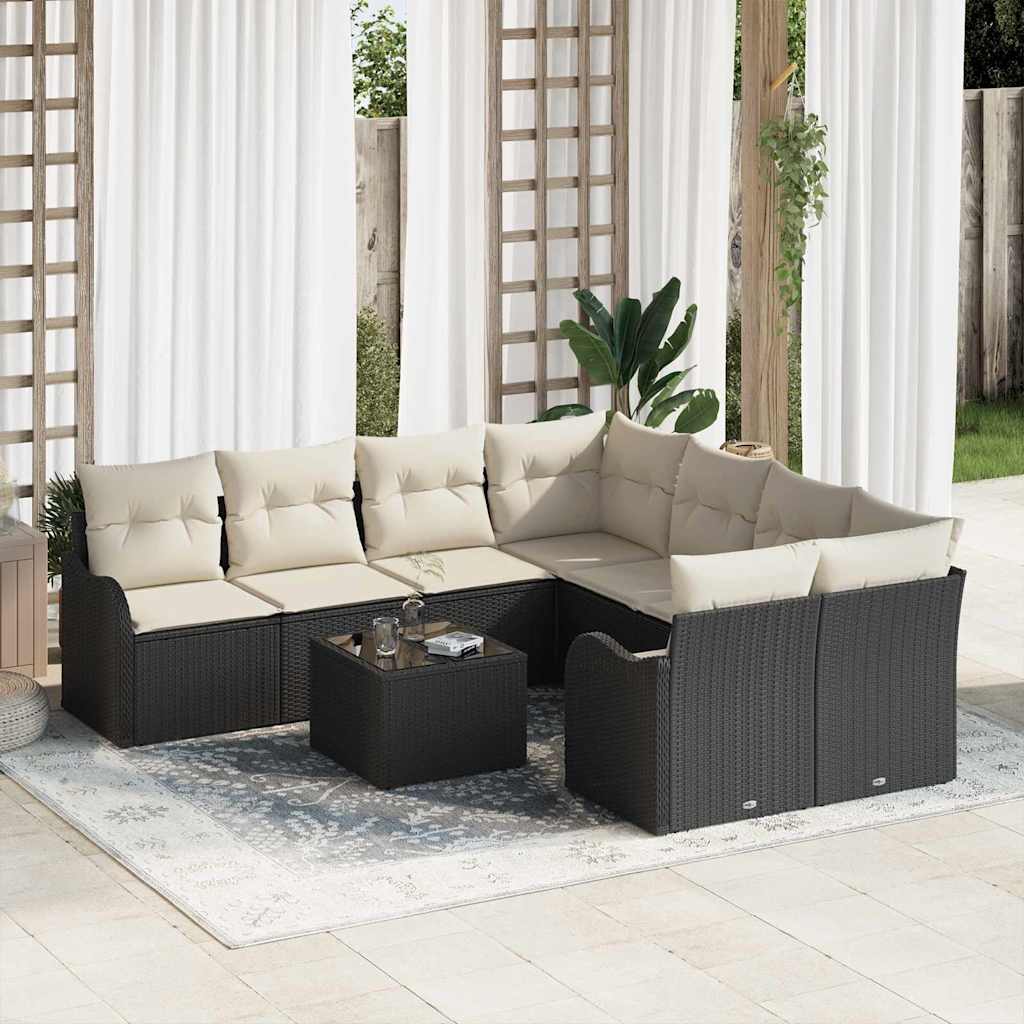 Havesofa Sæt med pude med opbevaring 9 pcs Sort polyrattan