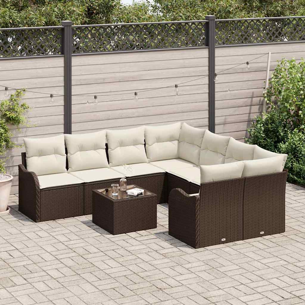 Havesofa Sæt med pude med opbevaring 9 pcs Brun polyrattan