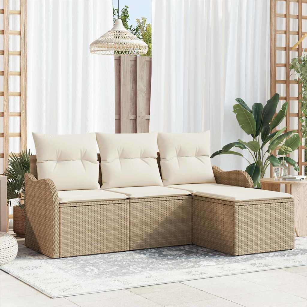 Havesofa Sæt med pude med opbevaring 4 pcs Beige polyrattan