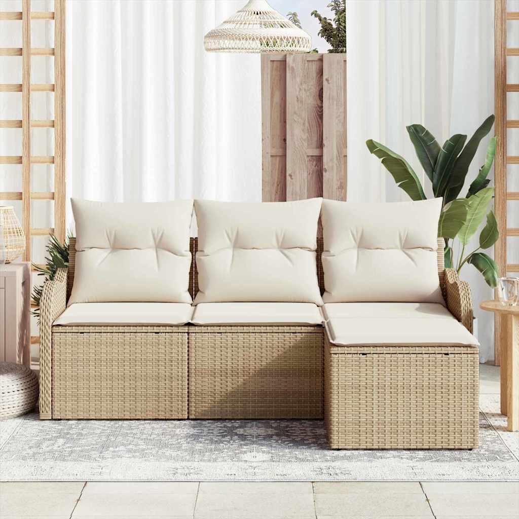 Havesofa Sæt med pude med opbevaring 4 pcs Beige polyrattan
