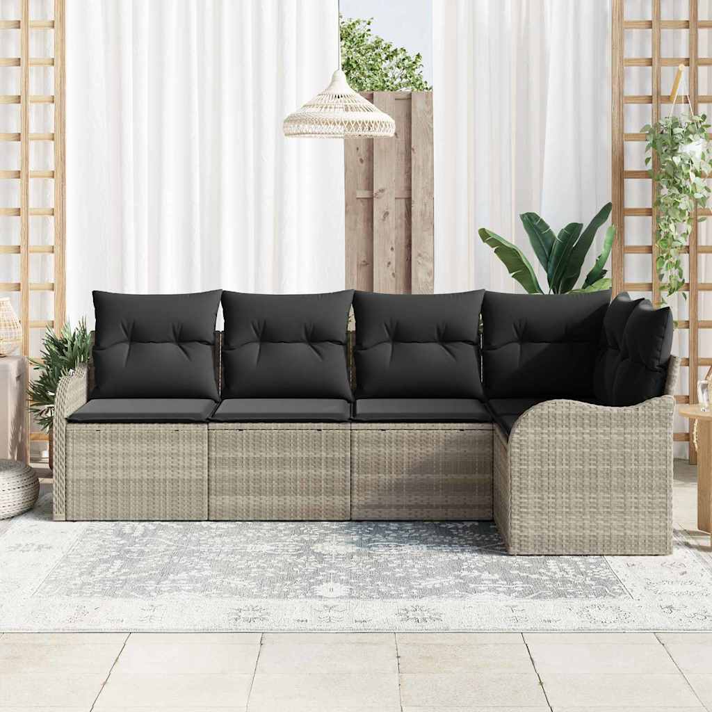 Havesofa Sæt med pude 5 pcs Lysegrå Poly rattan