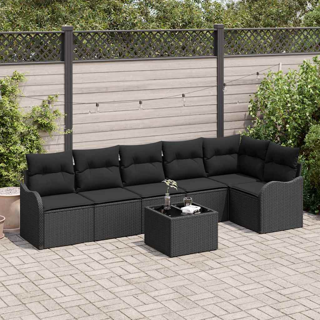 Havesofa Sæt 7 pcs Sort polyrattan
