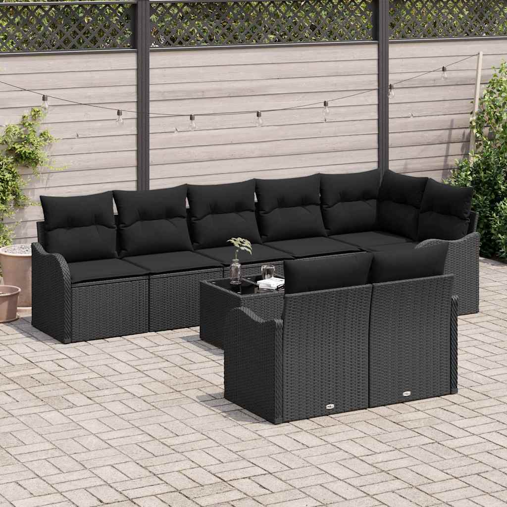 Havesofa Sæt 9 pcs Sort polyrattan