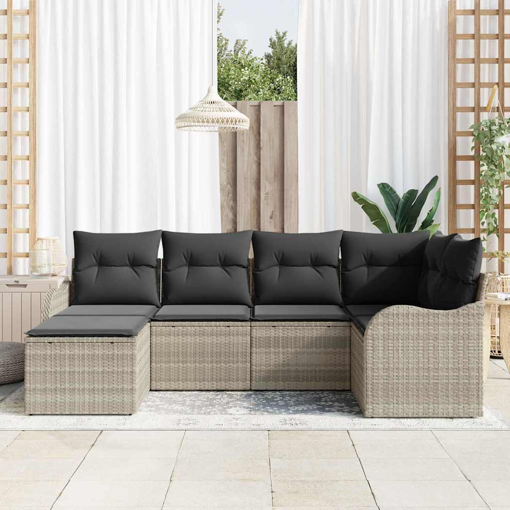 Havesofa Sæt med pude 6 pcs Lysegrå Poly rattan