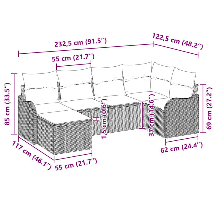 Havesofa Sæt med pude 6 pcs Lysegrå Poly rattan