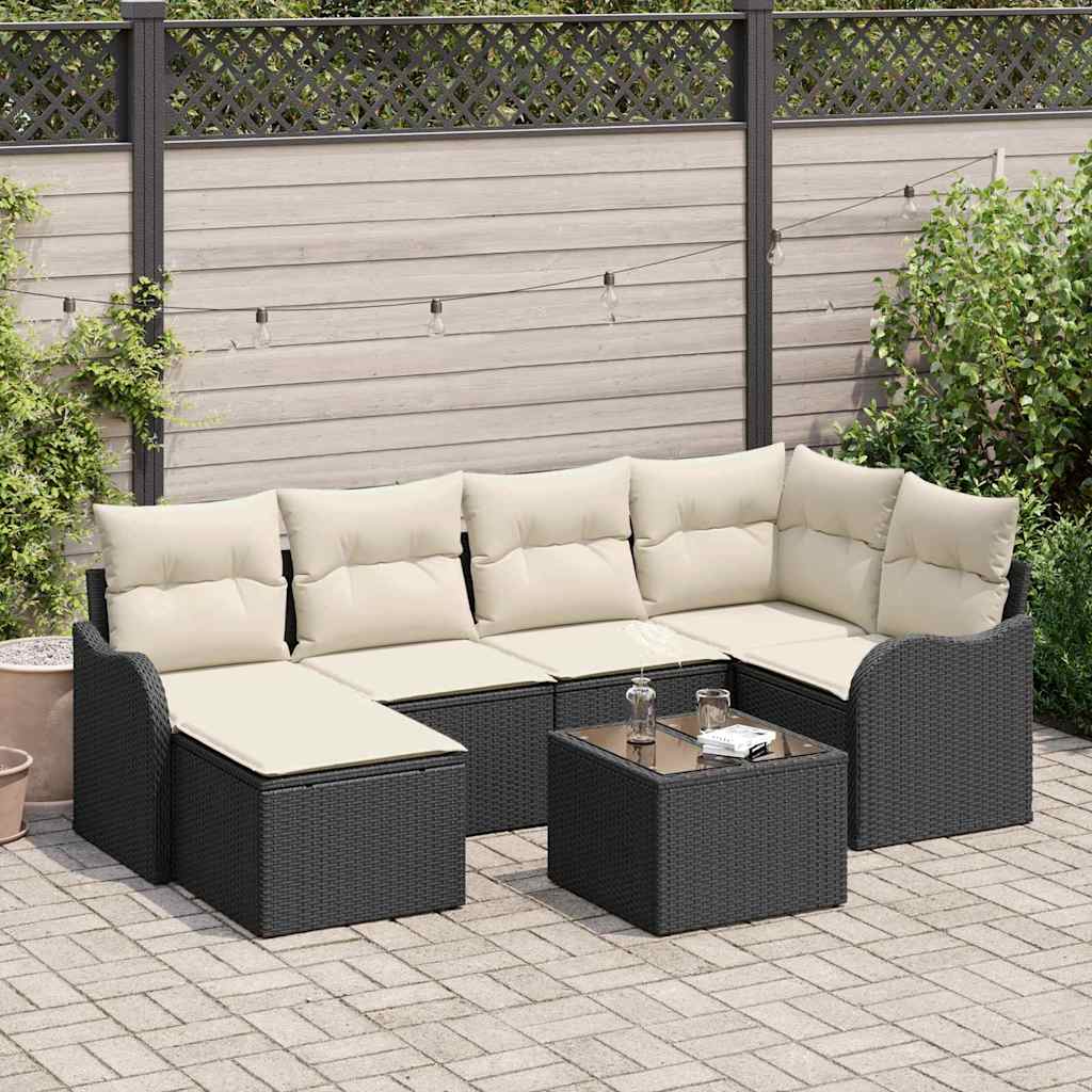Havesofa Sæt med pude 7 pcs Sort Poly rattan