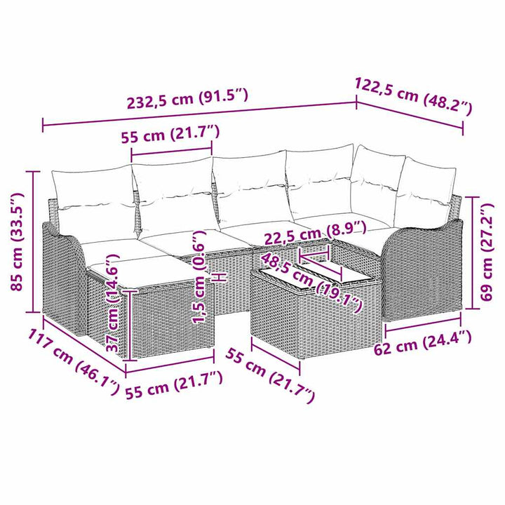 Havesofa Sæt med pude 7 pcs Sort Poly rattan