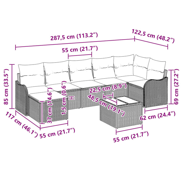 Havesofa Sæt med pude 8 pcs Grå Poly rattan