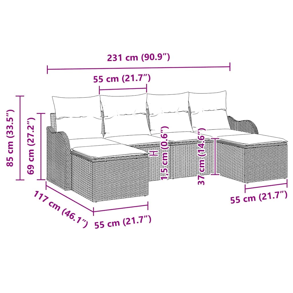 Havesofa Sæt med pude 6 pcs Grå Poly rattan
