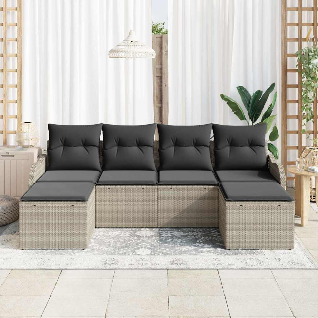Havesofa Sæt med pude 6 pcs Lysegrå Poly rattan