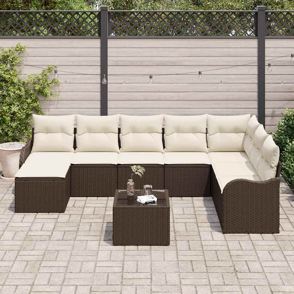 Havesofa Sæt med pude 9 pcs Brun Poly rattan