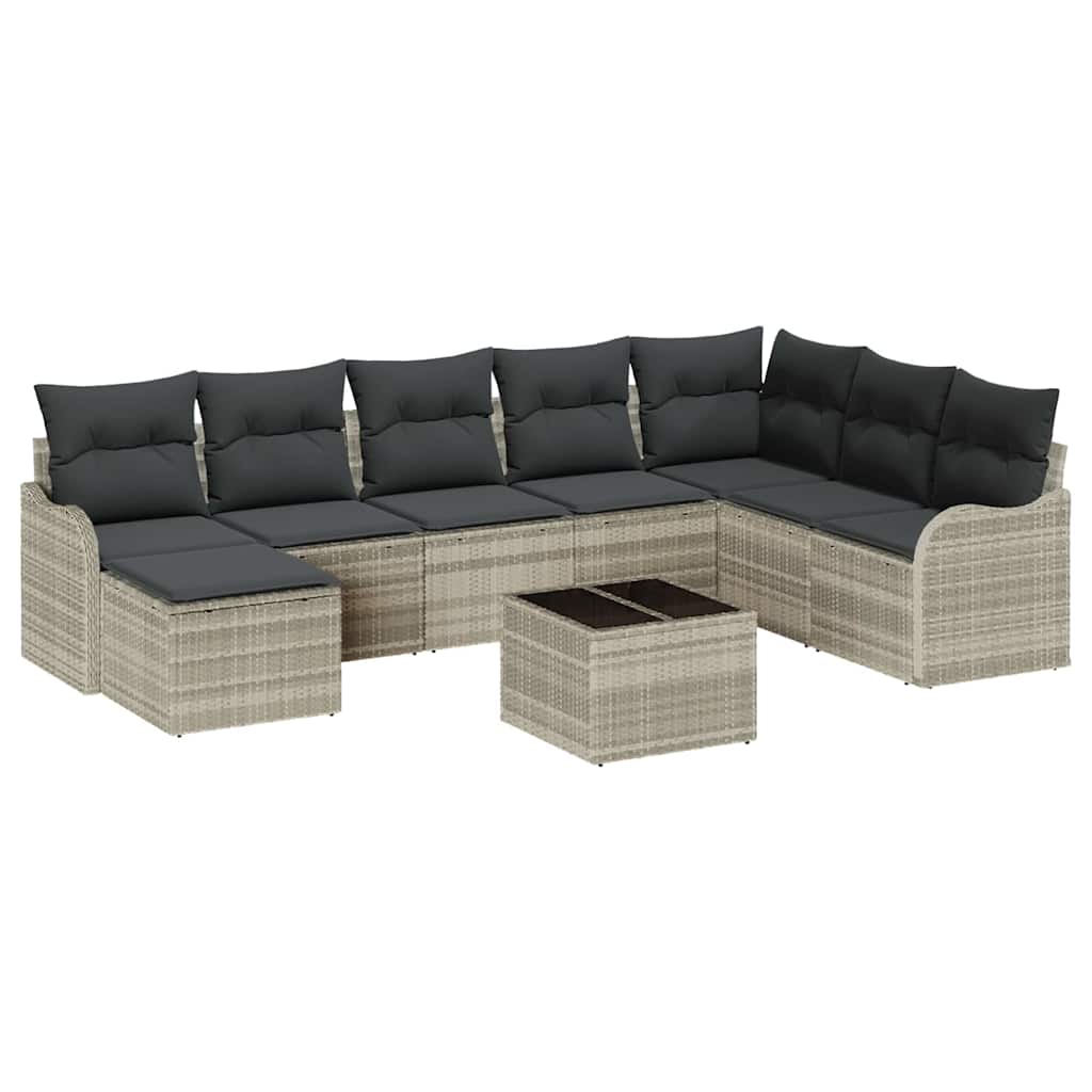 Havesofa Sæt med pude 9 pcs Lysegrå Poly rattan