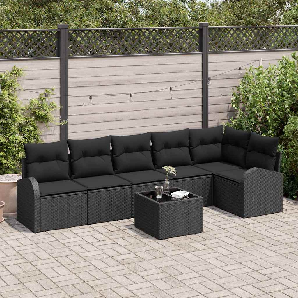 Havesofa Sæt med pude 7 pcs Sort Poly rattan
