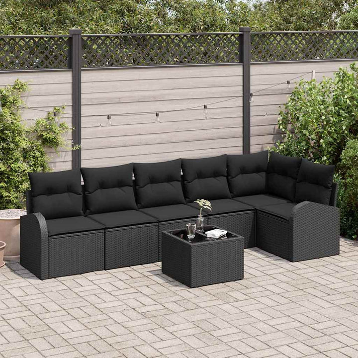Havesofa Sæt med pude 7 pcs Sort Poly rattan
