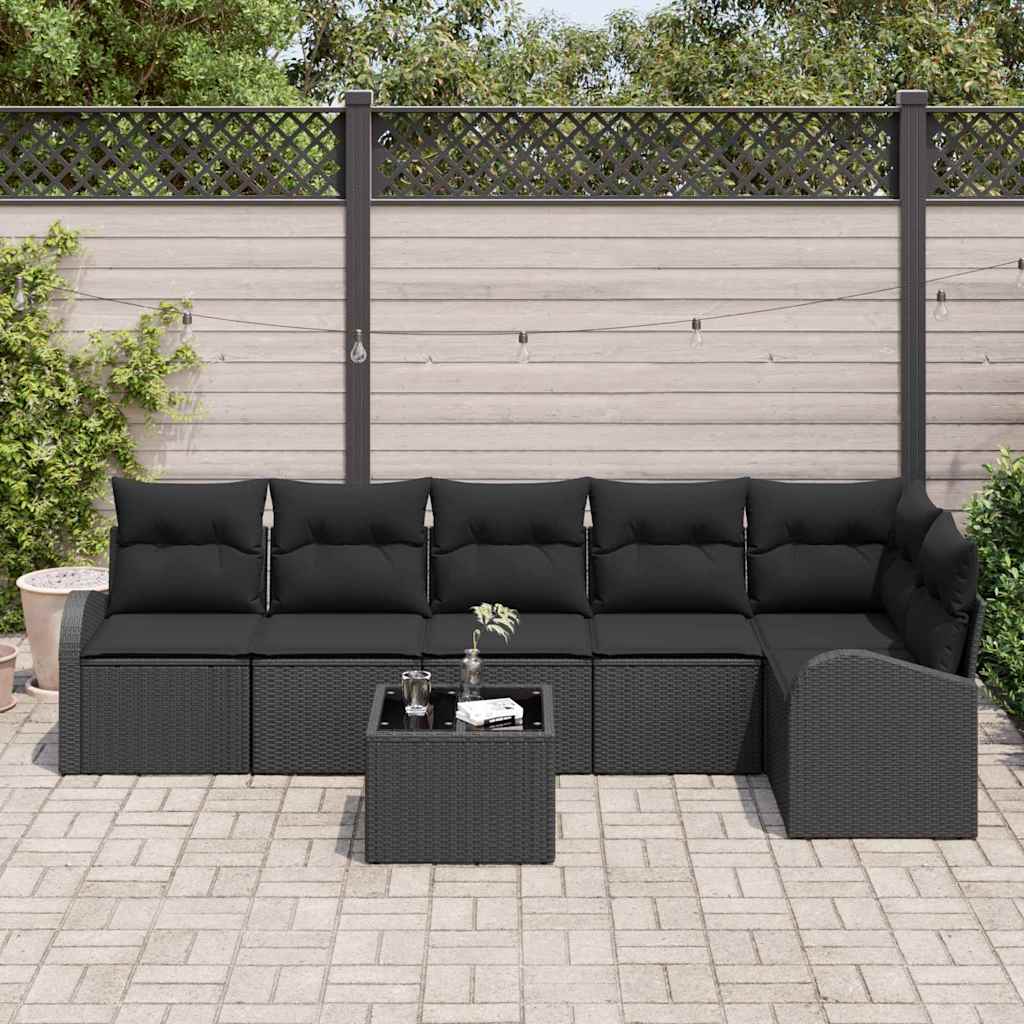 Havesofa Sæt med pude 7 pcs Sort Poly rattan