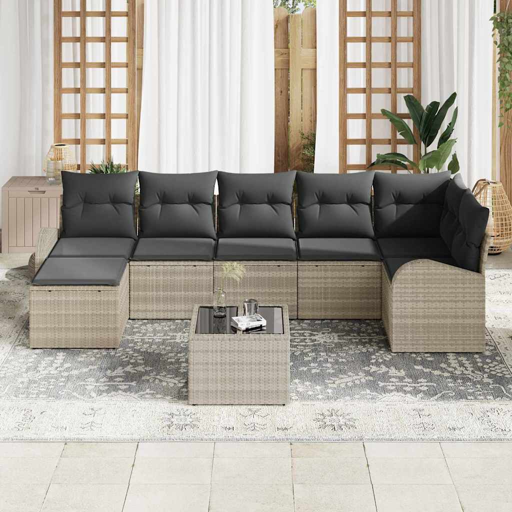 Havesofa Sæt med pude 8 pcs Lysegrå Poly rattan