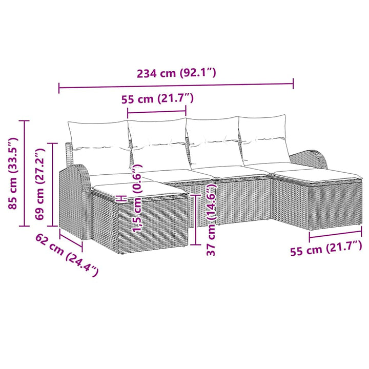 Havesofa Sæt med pude 6 pcs Sort Poly Rattan