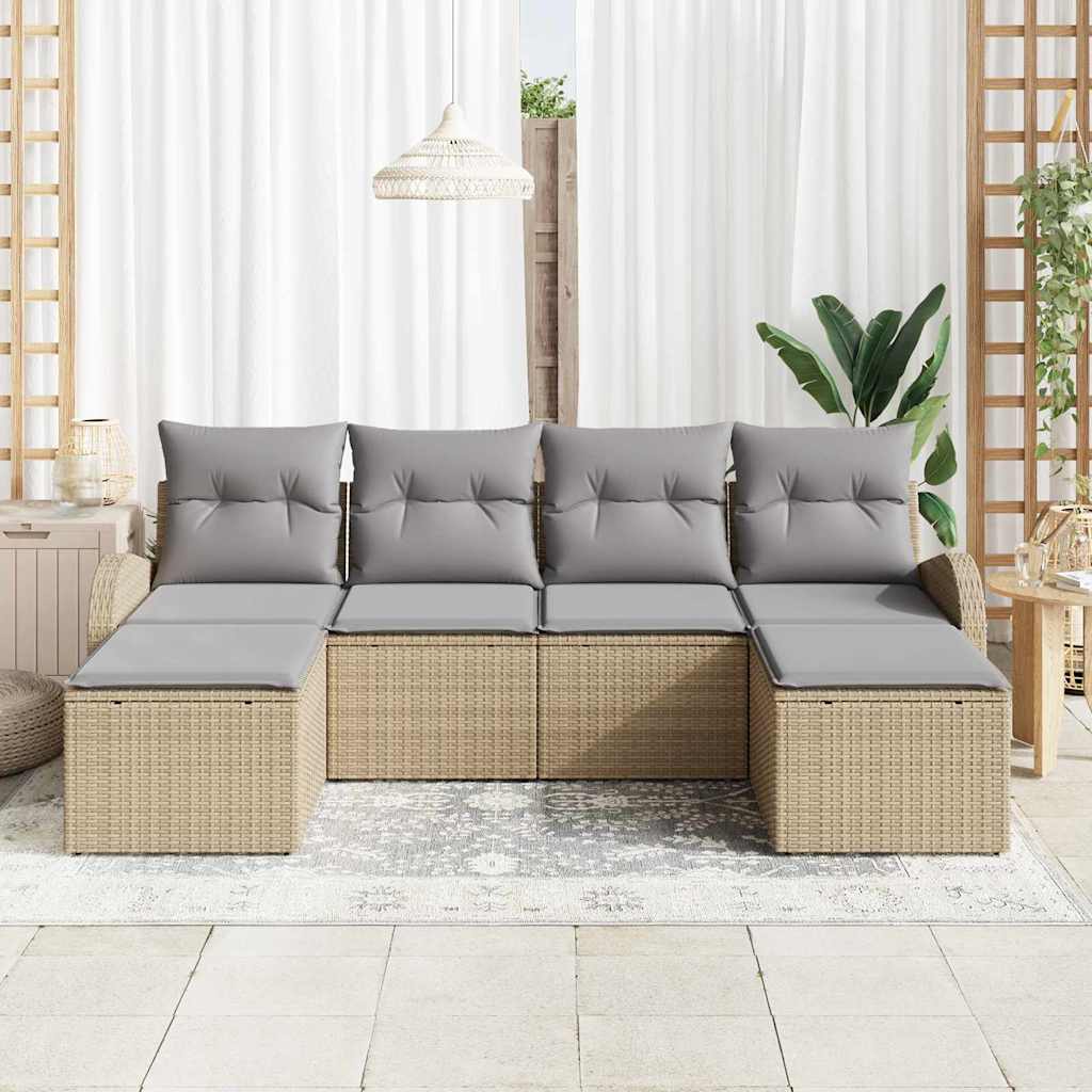 Havesofa Sæt med pude 6 pcs Beige Poly Rattan